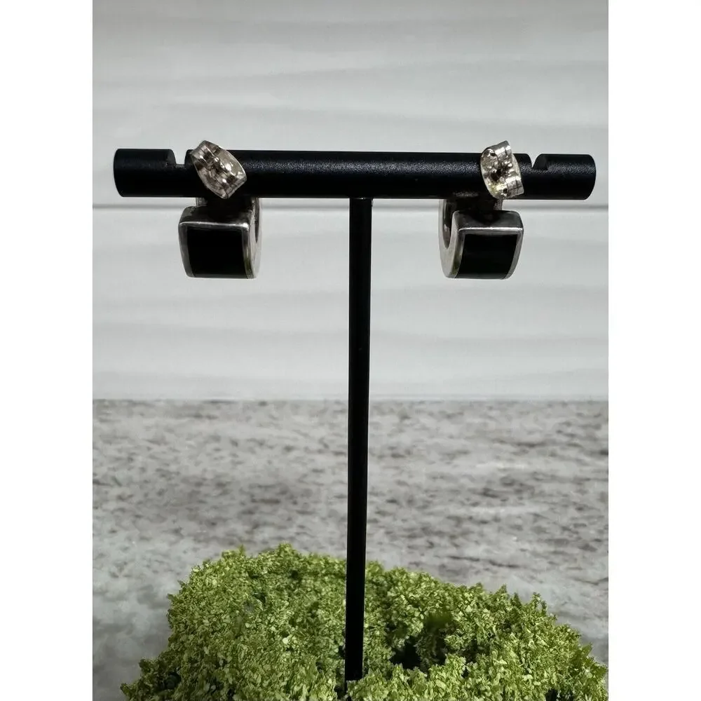 Vintage Sterling Silver Black Onyx Inlay Chunky Small Hoop Earrings